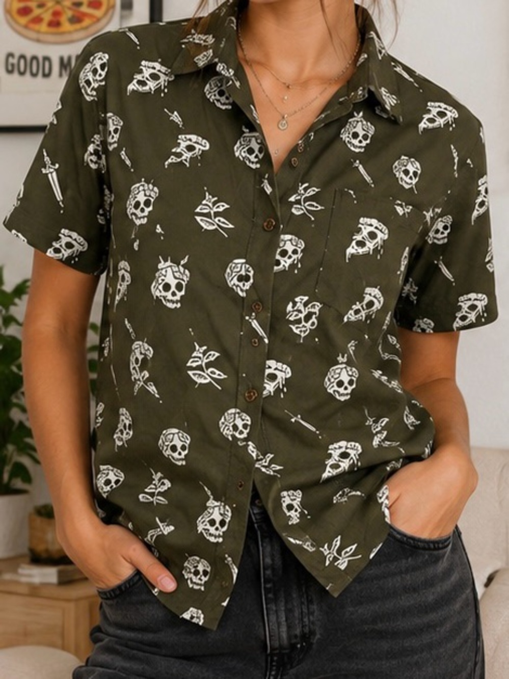 PYKNIC Pizza Slayer Olive Graphic Button-Up Shirt Size Medium